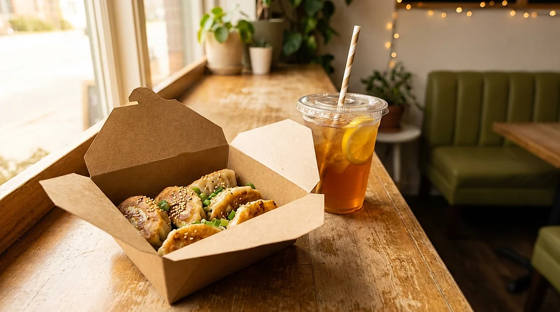 Takeaway-Box mit sechs gebratenen Dumplings und hausgemachtem Eistee
